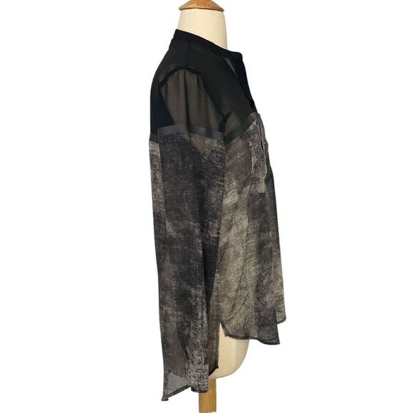 Cop Copine Sheer Blouse Black Gray Sheer Abstract Long Sleeve High Low Size 36/S - Picture 4 of 10